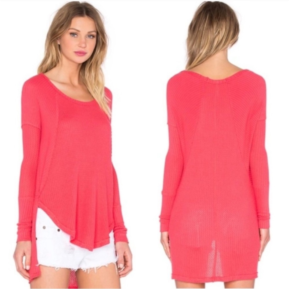 Free People Vibrant Coral Long Sleeve Top Honeycomb Tunic Medium